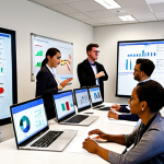 **

A diverse group of employees participating in a hands-on data analytics training session. The setting is a modern, brightly lit office space. Some employees are clustered around laptops, analyzing charts and graphs, while others are engaged in discussions. A whiteboard displays data visualizations and key performance indicators (KPIs) relevant to marketing ROI. The overall atmosphere is collaborative and engaging, reflecting targeted skill development.

**