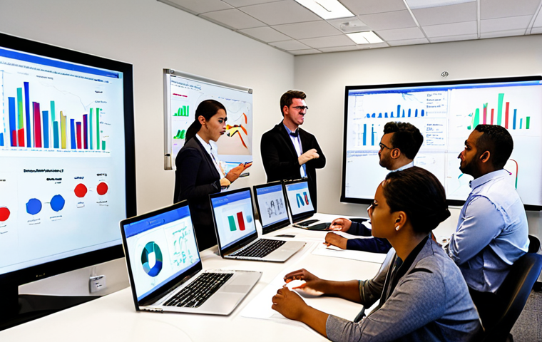 **
A diverse group of employees participating in a hands-on data analytics training session. The setting is a modern, brightly lit office space. Some employees are clustered around laptops, analyzing charts and graphs, while others are engaged in discussions. A whiteboard displays data visualizations and key performance indicators (KPIs) relevant to marketing ROI. The overall atmosphere is collaborative and engaging, reflecting targeted skill development.
**