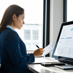 A professional individual, fully clothed in a modest business casual outfit, intensely focused at a meticulously organized desk in a contemporary, minimalist office space. Sunlight streams through a large window, illuminating a digital tablet displaying a strategic task list. The person's posture is upright, indicating deep concentration and efficient prioritization. Perfect anatomy, correct proportions, natural pose, well-formed hands, proper finger count, natural body proportions. Professional photography, high-resolution, clear focus, safe for work, appropriate content, fully clothed, professional dress.