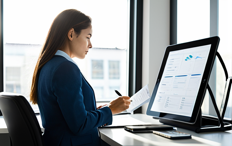 A professional individual, fully clothed in a modest business casual outfit, intensely focused at a meticulously organized desk in a contemporary, minimalist office space. Sunlight streams through a large window, illuminating a digital tablet displaying a strategic task list. The person's posture is upright, indicating deep concentration and efficient prioritization. Perfect anatomy, correct proportions, natural pose, well-formed hands, proper finger count, natural body proportions. Professional photography, high-resolution, clear focus, safe for work, appropriate content, fully clothed, professional dress.