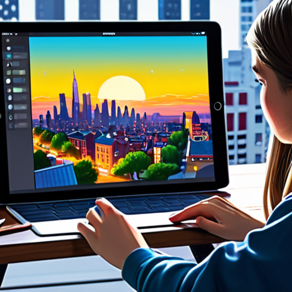 Digital Art**

A young artist fully clothed in a casual outfit, working on a vibrant digital painting of a cityscape on an iPad Pro with Procreate. The scene is a brightly lit home studio with art supplies scattered around, safe for work, appropriate content, professional digital art, perfect anatomy, natural proportions, well-formed hands.

**