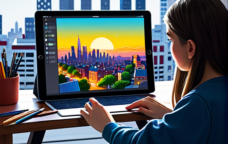 Digital Art**
A young artist fully clothed in a casual outfit, working on a vibrant digital painting of a cityscape on an iPad Pro with Procreate. The scene is a brightly lit home studio with art supplies scattered around, safe for work, appropriate content, professional digital art, perfect anatomy, natural proportions, well-formed hands.
**