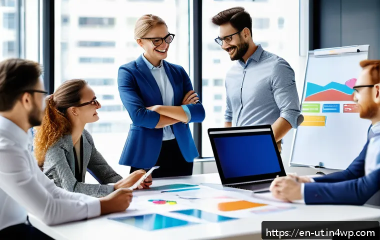 범용 역량과 조직의 성과 간의 관계 - A diverse team of professionals in a modern office environment, actively engaged in a collaborative ...