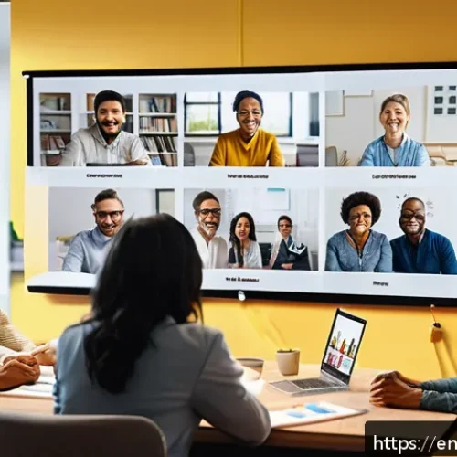 Home 31 범용 역량을 통한 팀워크 증진 방법 - A diverse remote team engaged in a virtual meeting, with multiple video call windows showing people ...