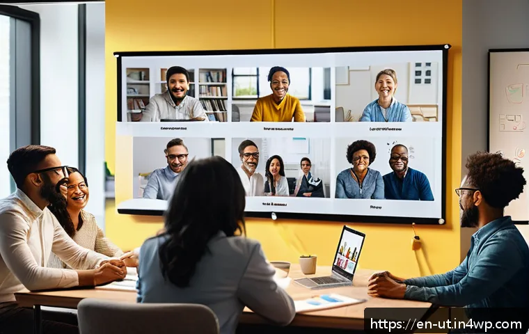범용 역량을 통한 팀워크 증진 방법 - A diverse remote team engaged in a virtual meeting, with multiple video call windows showing people ...
