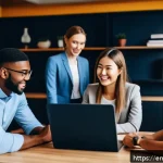 Home 18 범용 역량 확장을 위한 국제 교육 프로그램 - A diverse group of young professionals collaborating in a modern international office, featuring peo...