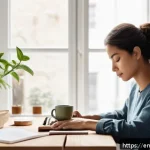 Home 23 범용 역량 확장을 위한 개인 성찰법 - A serene, minimalist workspace bathed in soft natural light, featuring a person sitting calmly at a ...