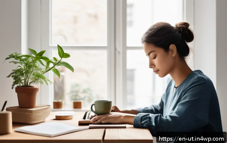 범용 역량 확장을 위한 개인 성찰법 - A serene, minimalist workspace bathed in soft natural light, featuring a person sitting calmly at a ...